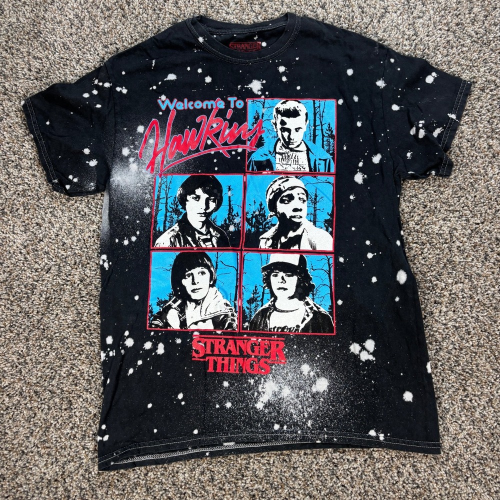 Stranger Things Men's M Shirt Welcome To Hawkins Bleach Splatter Graphic Black